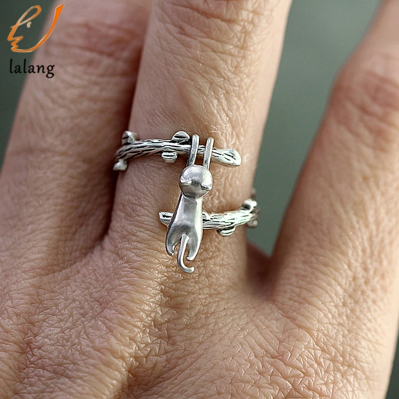 Творческий котенок скалолазание дерево кольцо «ветка» Для женщин милый кот открытие палец кольца Серебристый цвет регулируемый ювелирные изделия