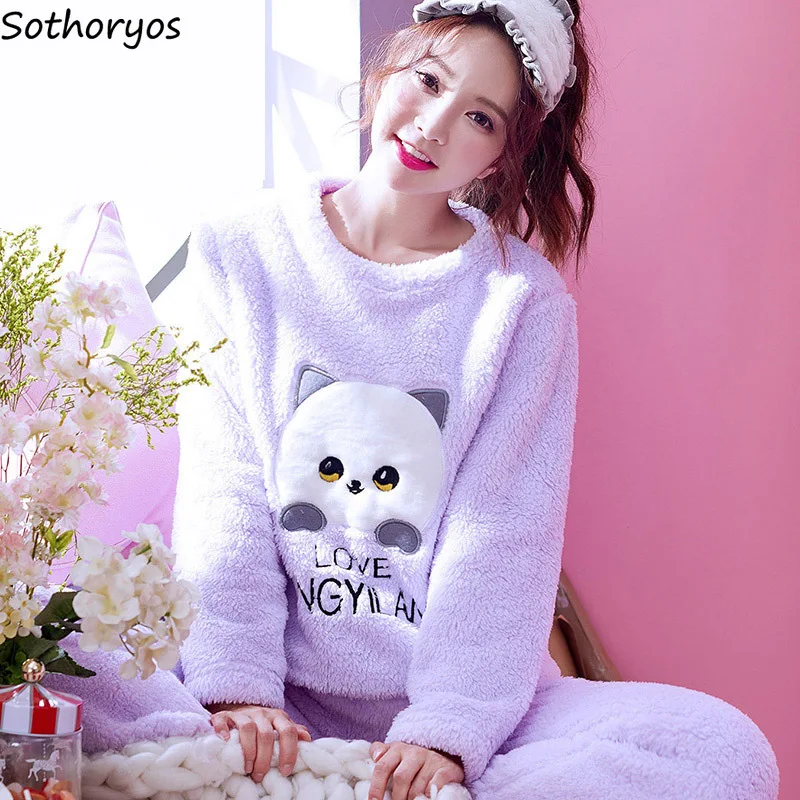 

Pajama Sets Women O-Neck Cartoon Embroidered Kawaii Long Sleeves Warm Womens Pajamas Trendy Korean Style Daily Home Clothing
