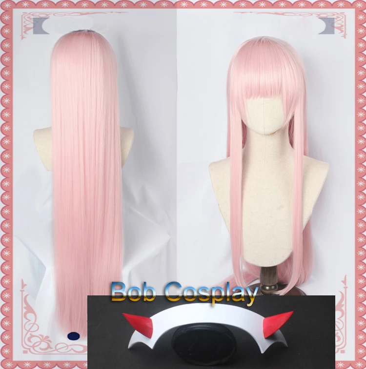 

New Arrival DARLING in the FRANXX 02 Cosplay Wigs Zero Two Wig 100cm Long Pink Synthetic Hair Perucas Cosplay Wig +Horn hairband