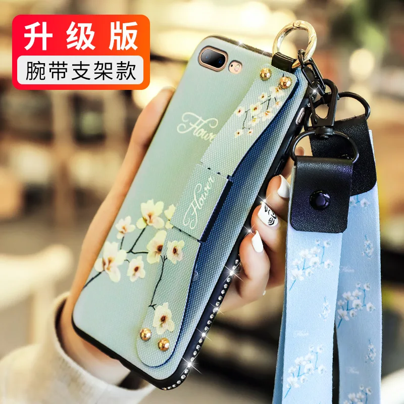 Vintage for iPhone Xs Max 8 Glitter 7 6s Plus All-inclusive Shine Diamond Soft Silica Gel Back Cover Hand Strap Flower Ribbon |