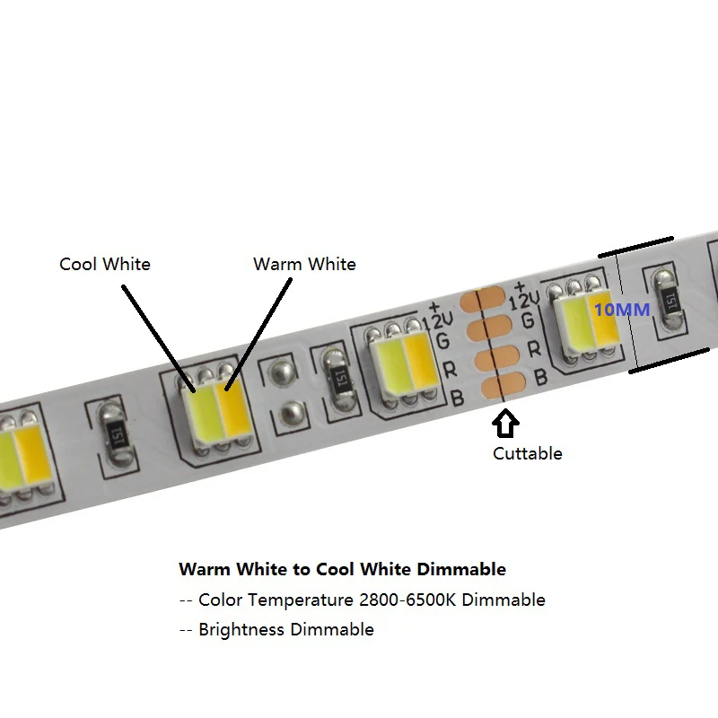 Светодиодная лента CCT с регулируемой яркостью 24 В WW CW IP67 12 светодиодный