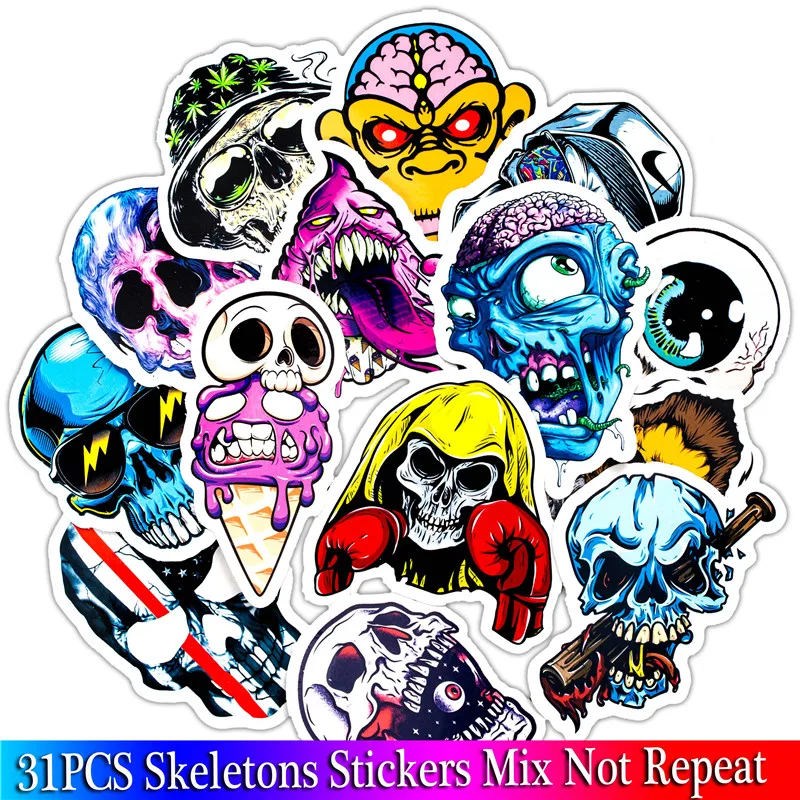 31PCS Terror Rock Sticker Pack Skeleton Dark Sexy Funny Skull Stickers For Laptop Fridge Bicycle Phone Guitar Toy Stickers Sets (2)