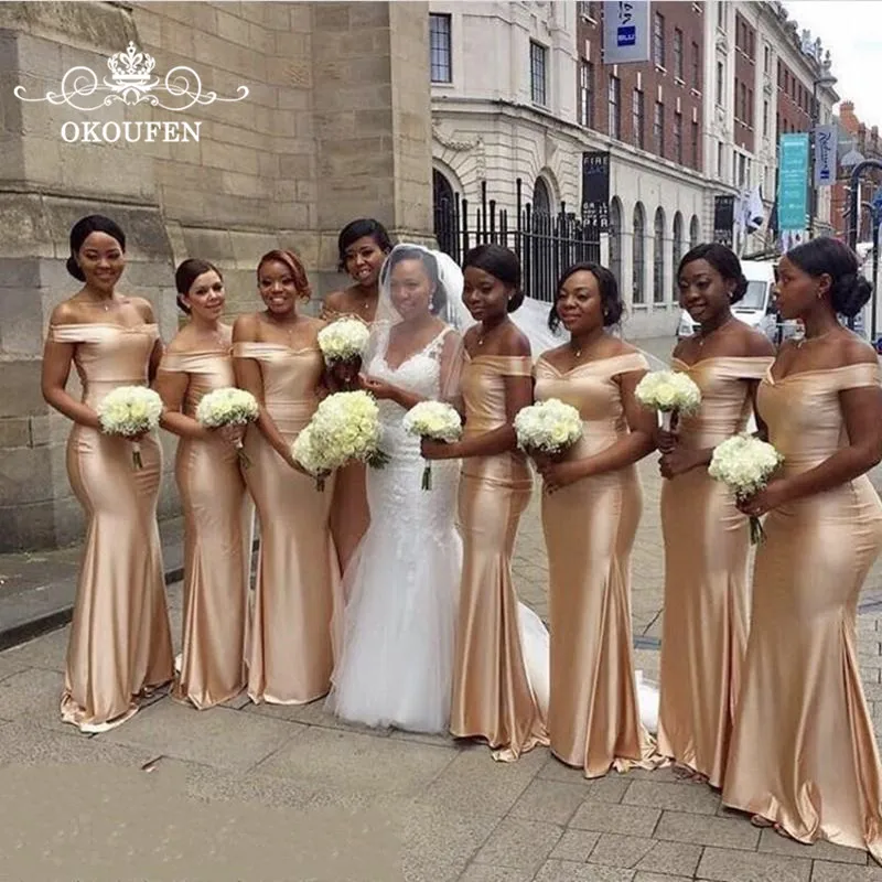 

100% Real Photos Mermaid Bridesmaid Dresses 2020 Dark Champagne Women Long Off Shoulder Wedding Party Dress Vestidos