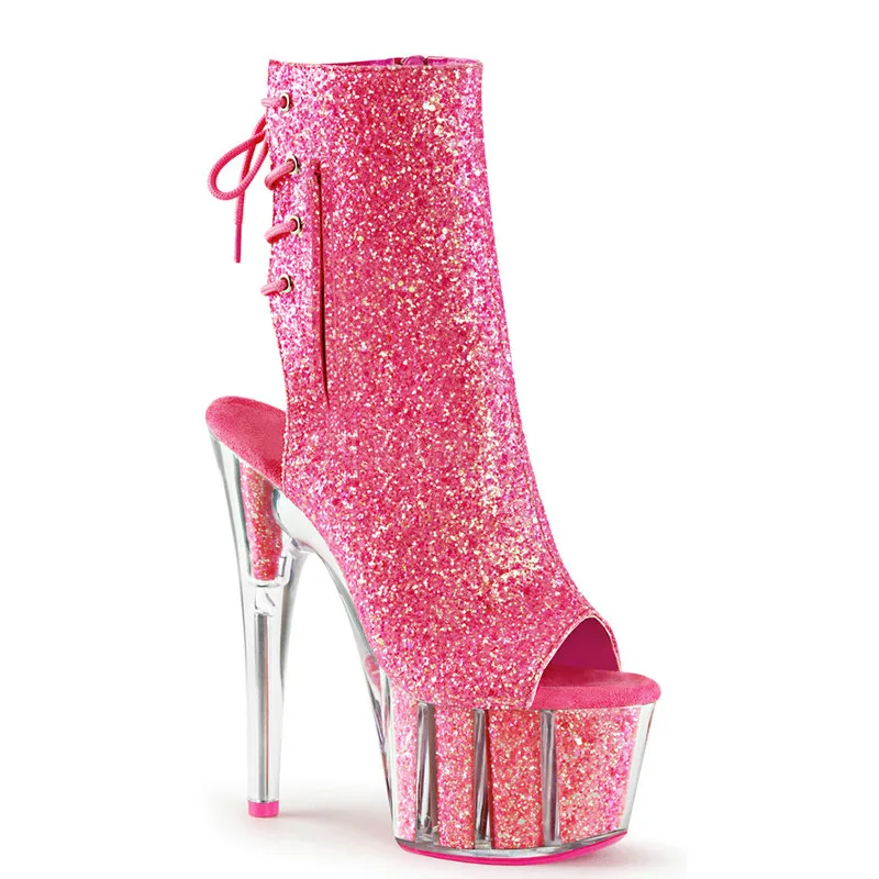 

Ladies ankle boots shine 15 cm high heels stripper platform shoes with clear heels and zip strap ankle boots