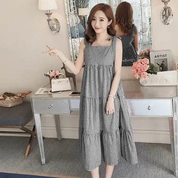 

One word collar maternity dress 2019 summer tie bow pregnant women strap dress new Korean fashion plaid pregnancy skirt