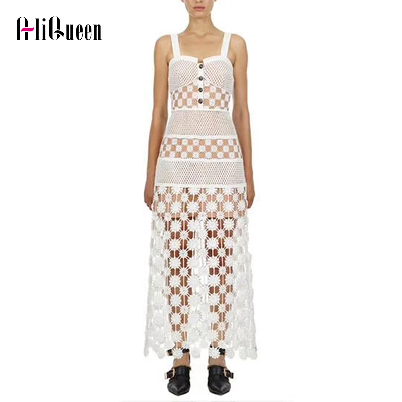 Self Portrait Women Dress Runway Lace Long Party Hollow Out Knit Patchwork Spaghetti Strap White Red Vestidos | Женская одежда