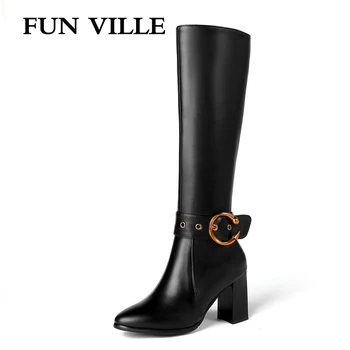 

FUN VILLE 2018 New Style Women knee High Boots Genuine Leather Winter High heel Boots Warm Pointed toe Zipper Big size 34-45