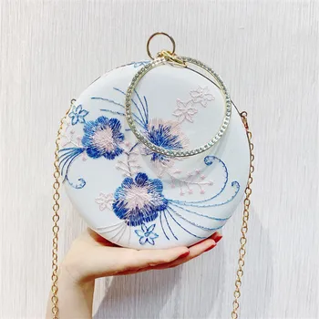 

Embroidery Flower Evening Bags Vintage Circular Handbags Purse Ladies Crossbody Shoulder Bag For Girls Wedding Bag Bolsos Female