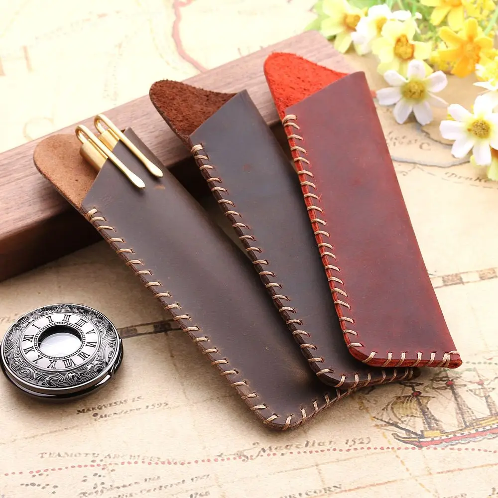

Genuine Leather Pen Holder Vintage Fountain Ballpoint Pen Bag Portable Double Pencil Case Storage Sleeve Pouch book Accessories