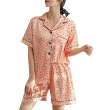 Женская ночная рубашка, сексуальная модная атласная пижама с принтом, ночная Свободная Домашняя одежда, сексуальная пижама с коротким рукавом, летний отложной воротник