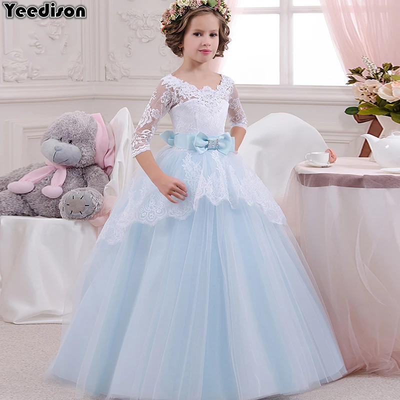 Flower Girls Dress 2018 New Cute Princess Party Wedding Gown Long Sleeve Kids Lace Dresses For Girls 10 Years Children Costumes (1)