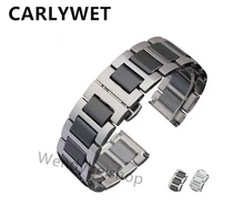 16 18 20mm Hommes Lady Argent Solide Montre En Acier de Courroie De Bande ceinture Bracelet avec Noir Blanc En Céramique Moyen Liens Double Poussoir Fermoir