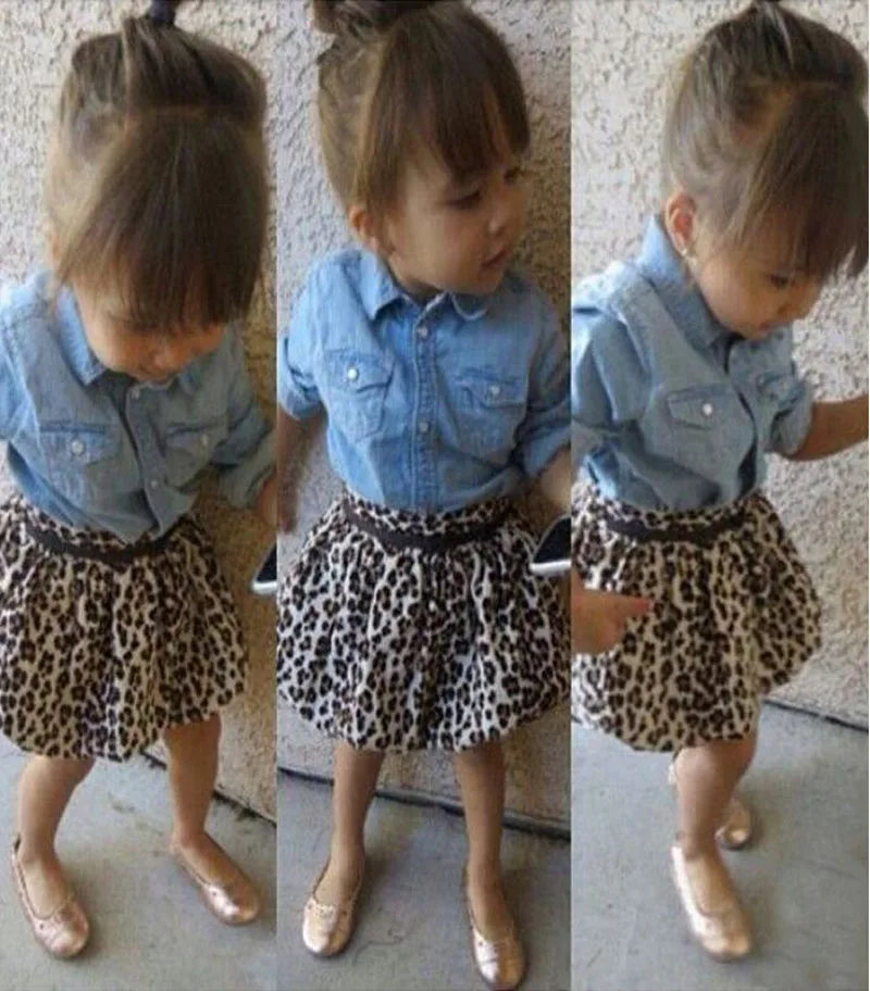 children long sleeve denim shirt +leopard print short skirt +belt 3pcs outfit baby girls clothing set kids clothes suit DY122C