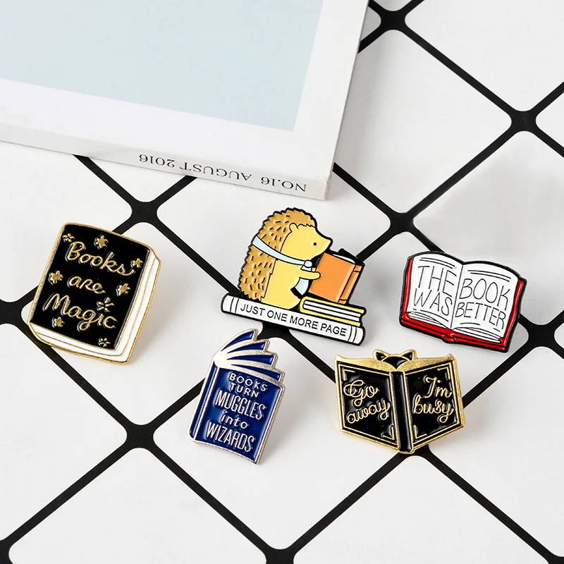 

Book Enamel Pin Brooches Collection Hedgehog Magic Better Book Quote Book Brooch Pin Badges Gift for Student Reader Children