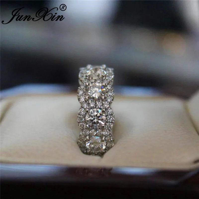 JUNXIN Boho Female White Crystal Engagement Rings For Women 925 Silver Filled Round Zircon Wedding Bands Valentine Day Jewelry