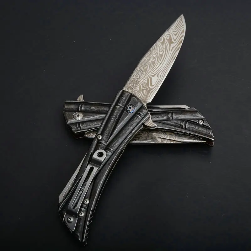 microtech bamboo tactical folding knife damascus pattern blade rescue edc tools (5)