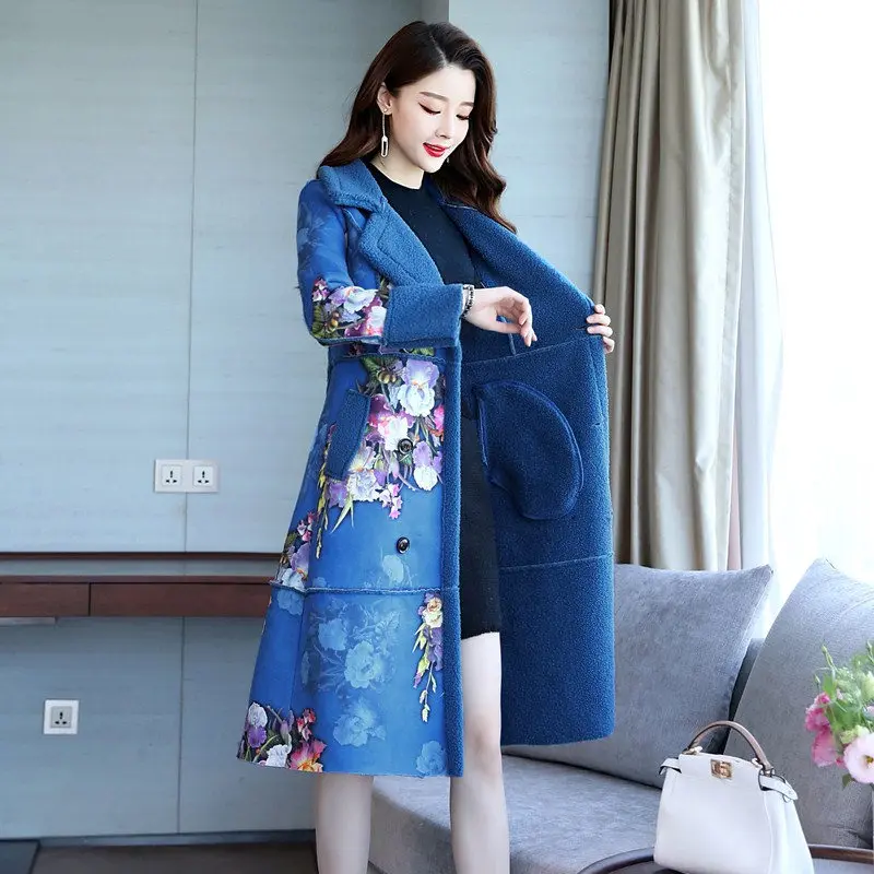 Fashion Elegant Printing Suede Lambs Wool Women Winter Jacket Parka Feminina Thick Long Coat Women Cotton Winter Jackets C5103