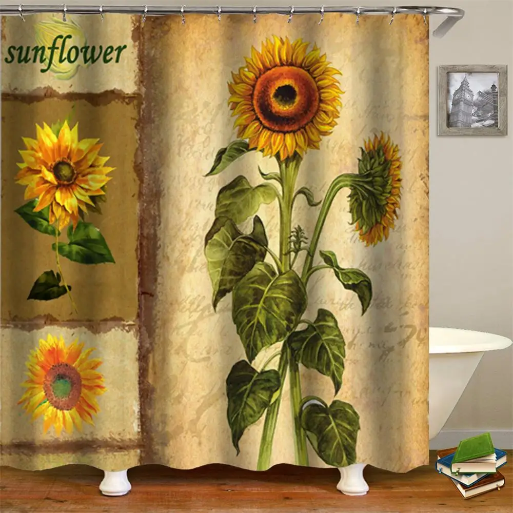 Plants Theme Sunflower Shower Curtain Vintage Style Floral on the