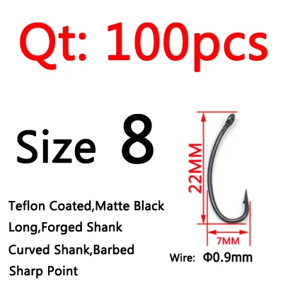 Size 8 100pcs ICERIO 100 шт./упак. удлиненное Карп Рыболовный крючок Telflon покрытия удлиненное изогнутая ручка крючок для ловли карпа для использования с всплывающие - Цвет: Size 8 100pcs