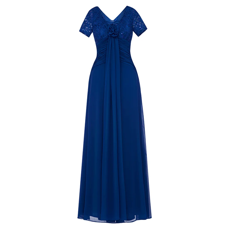 Tanpell длинное вечернее платье Шампань Короткие рукава линия лодыжки длина цветы платья Дешевые v образным вырезом Кружева блёстки вечернее платье - Цвет: royal blue