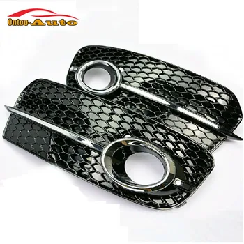 

Sport Front Bumper Glossy Black Honeycomb + Chrome Trim Fog Light Lamp Covers Grille for Audi Q5 RSQ5 2013 2014