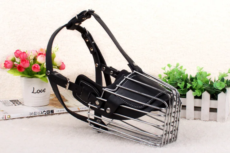 Black/ Brown Strong Metal Wire Basket leather Dog Muzzle For Large Dog Anti-Bite Bark Chew Muzzles dog mask for pet