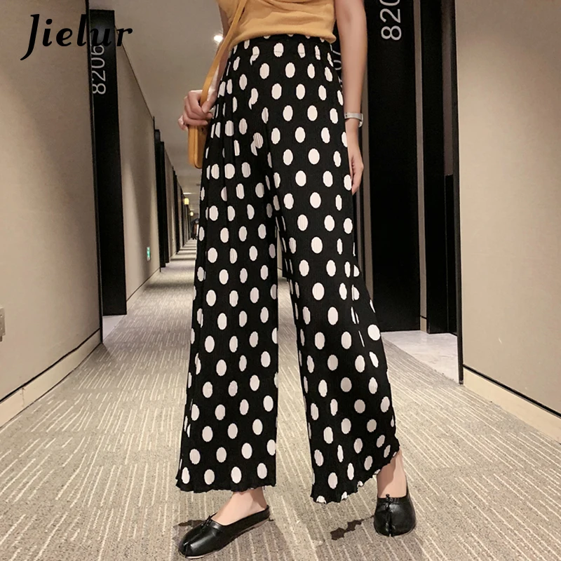 

Jielur Polka Dots Print Wide Leg Pants Summer Women Korean Casual Loose High Waist Pants Harajuku Simple Straight Pantalon Femme