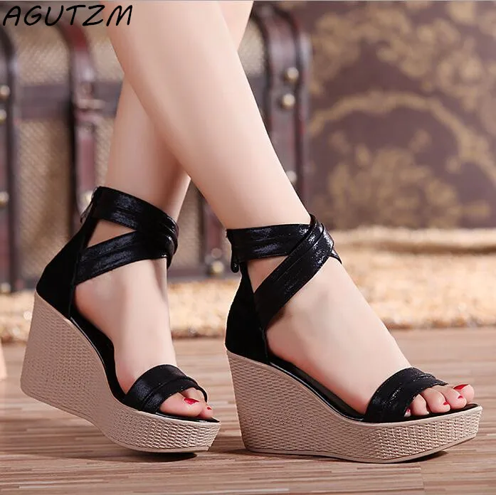 

AGUTZM Women Ankle Strap Wedge Sandals 2018 Summer Gladiator PU Platform Wedges Fashion Lace up Women Platform Sandals