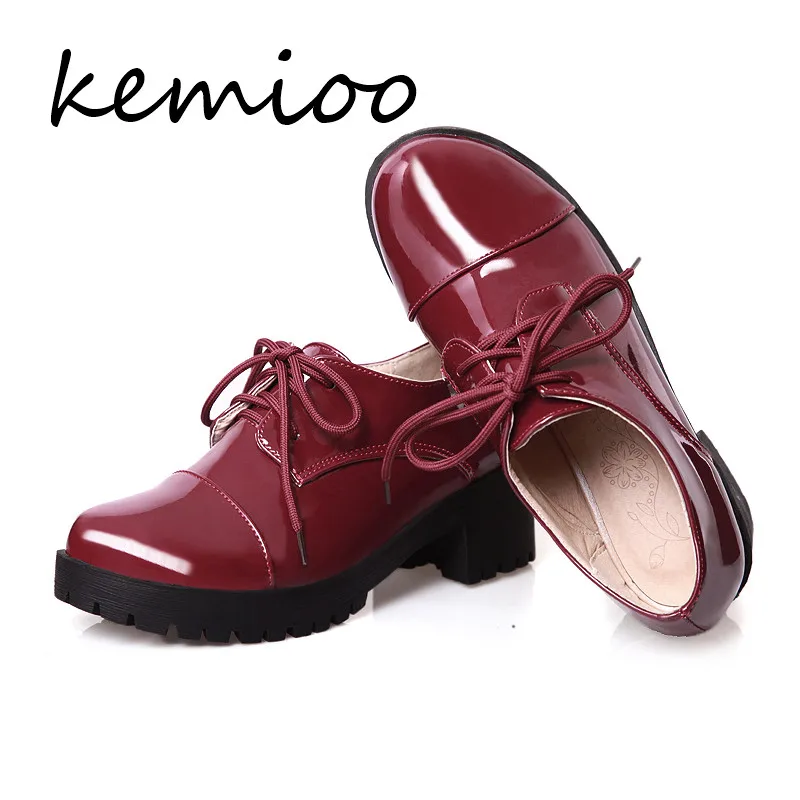 

Kmeioo Spring\winter British style split leather women square heel Platform shoes woman lace-up oxford shoes for women