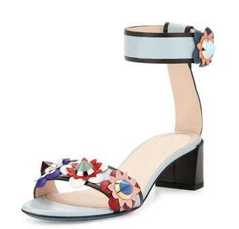 2017   big size fashion floral low square heels women sandals elegant well matched clothes light blue flower shoes for summer