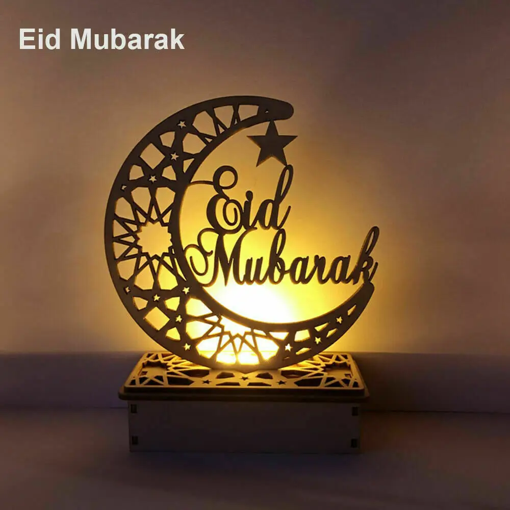 Светодиодный деревянный Eid Mubarak табличка Лунная звезда Рамадан орнамент мусульманский декор кулон Ислам Мусульманский светодиодный светильник вечерние свечи - Испускаемый цвет: EID