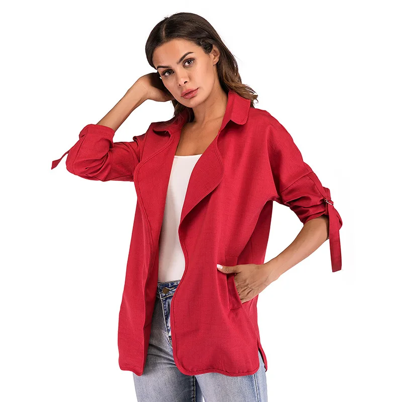 

Kumeiya Autumn Women Trench Coat Thin Casual Long Sleeve Pocket Cardigan Loose Coat Solid Plus Size Red Black Outwear No Button