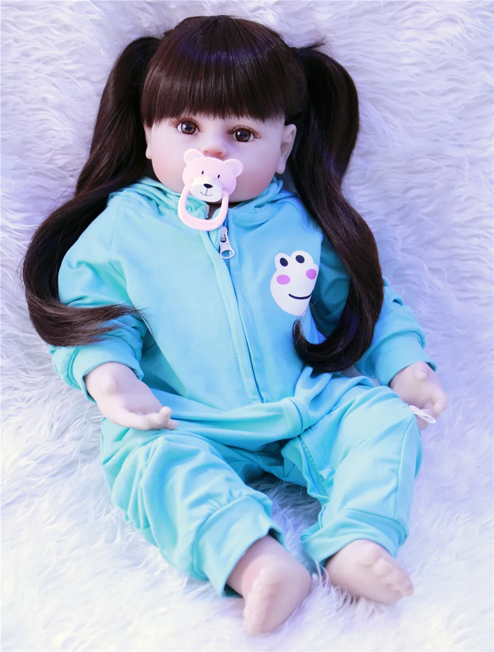 

Latest new Handmade long hair Girl Doll soft Silicone Vinyl Reborn Dolls 58cm Babies Wear blue Rompers For Child Toys