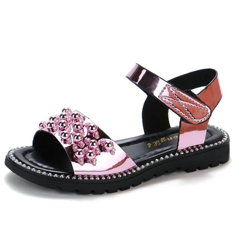 Summer New Girl Rhineston Sandals Kids Child Fashion Bead Patent Leather Princess Sandals Party Shoe For Girls Big Shoe