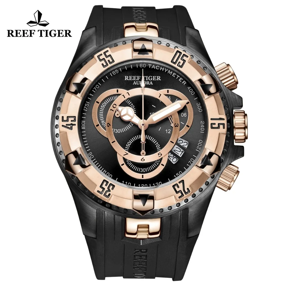 Reef Tiger/RT большие спортивные часы мужские черные часы с хронографом резиновые модные водонепроницаемые часы Relogio Masculino RGA303-2