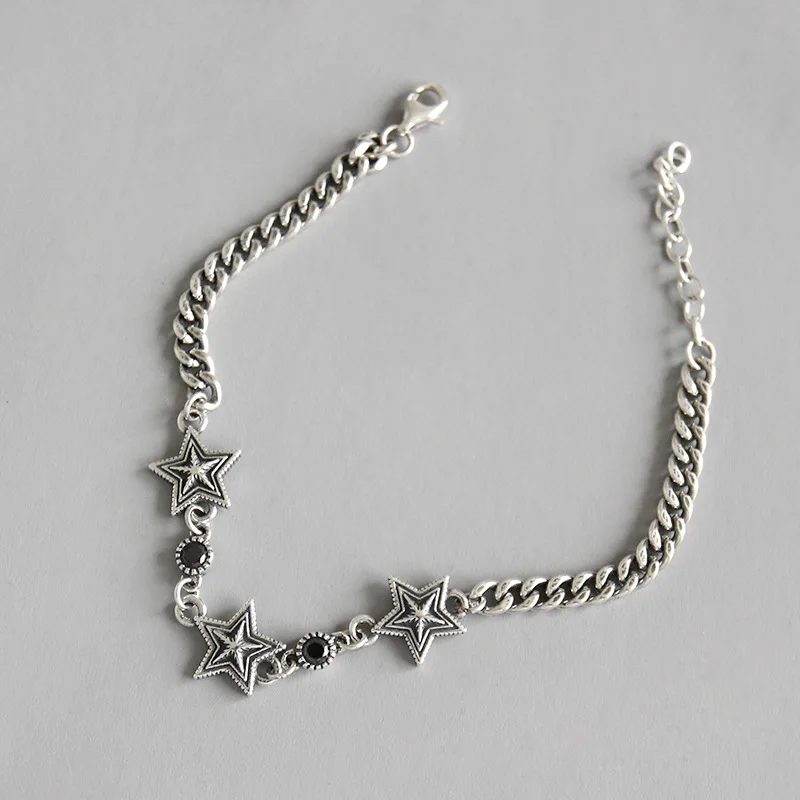 

1pc Retro Authentic 925 Sterling silver Vintage Star &Black Agate Chian Bracelet fine Jewelry TLS108