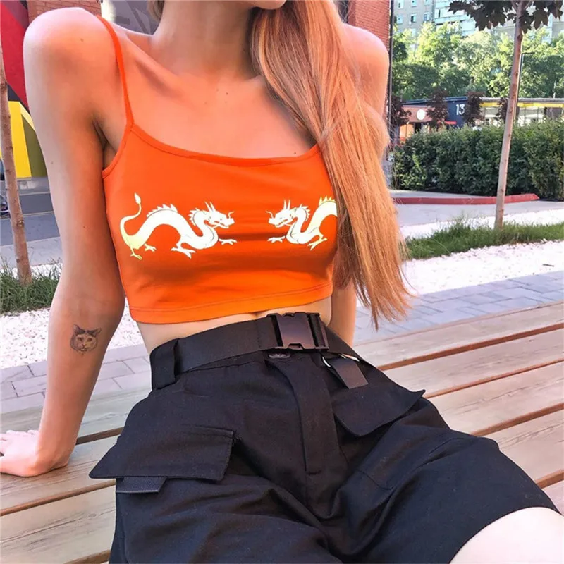 

Shestyle Reflective Dragon Print Orange Camis Women Spaghetti Strap Crop Top Female Sexy Basic Bustier Streetwear Strappy Summer