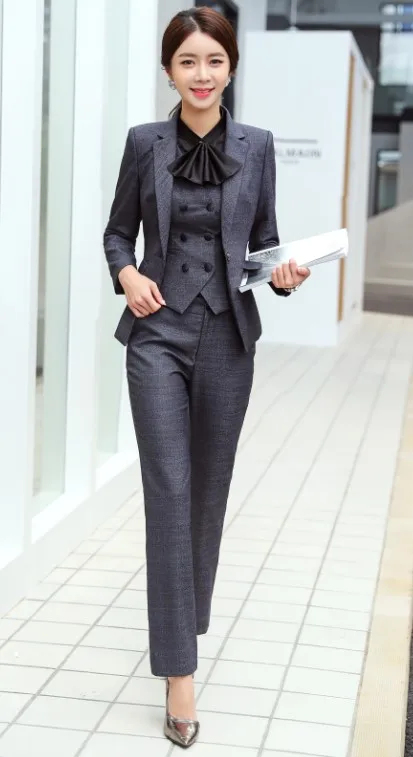 Весенняя мода Высокое качество брюки костюмы профессиональный бизнес интервью размера плюс с длинным рукавом Блейзер и брюки рабочая одежда - Цвет: gray coat and pants
