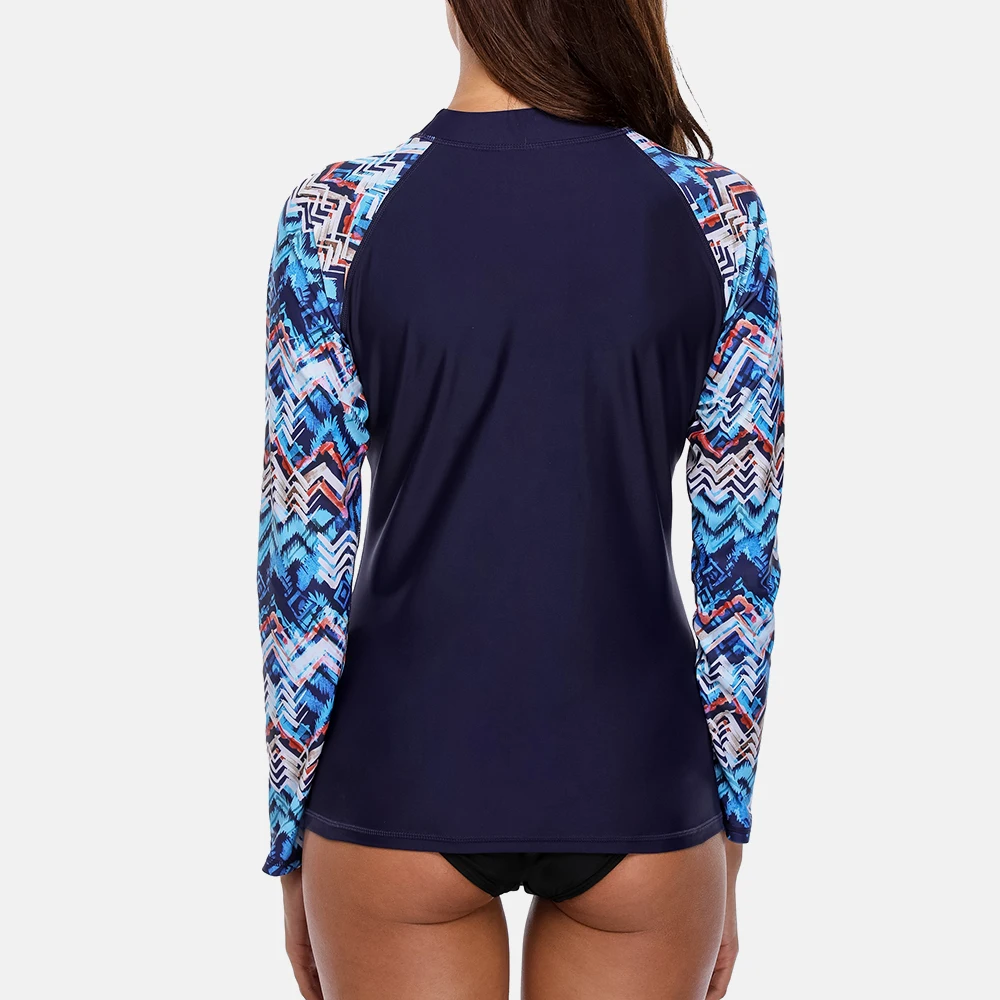 Anfilia Women Long Sleeve Rashguard Shirts Swimwear Geometric Print Surfing Top Diving Shirts Rash Guard UPF50+ Beachwear