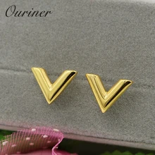 Роскошные брендовые ювелирные изделия, простой дизайн, женские серьги с буквенным принтом в виде буквы V, элегантные вечерние серьги-гвоздики из нержавеющей стали золотого цвета, KE002-1