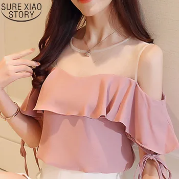 

Off-the-shoulder Mesh Sexy and Elegant Tops 2019 Cool Summer Fashion Short Chiffon Shirts Women Chiffon Short Shirts 2993 50