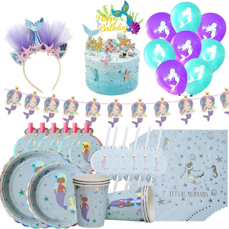 

MEIDDING Mermaid Party Disposable Tableware Happy Birthday Party Set Paper Cups Plate Latex Balloons Baby Shower Party Decor