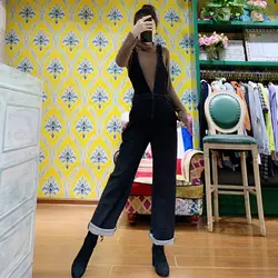 Бесплатная доставка 2019 Новая мода черный длинный комбинезон и комбинезоны Джинсовые штаны на лямках весенние обтягивающие брюки спагетти