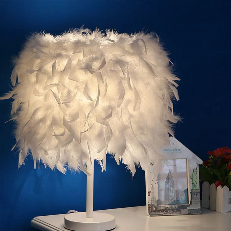

GERUITE Feather E27 Table Lamps Hotel Home Decorative Desk Lamp For Bedroom Bedside Fixture Lamp Wedding Decoration Lighting