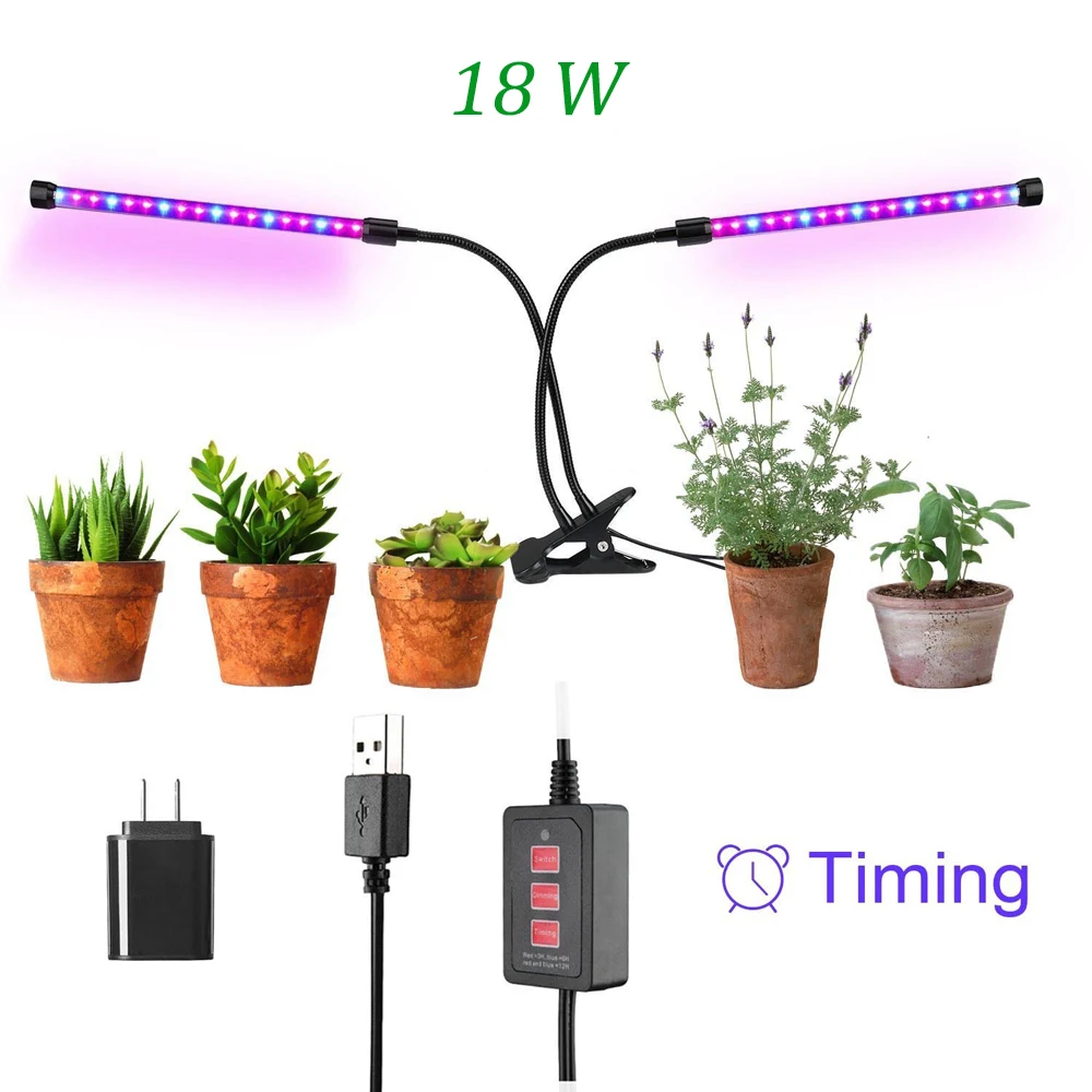 

Plant growth lamp with timing function double-head clamp 18W with 36 LED growth bulbs for indoor plant hydroponic greenhouse