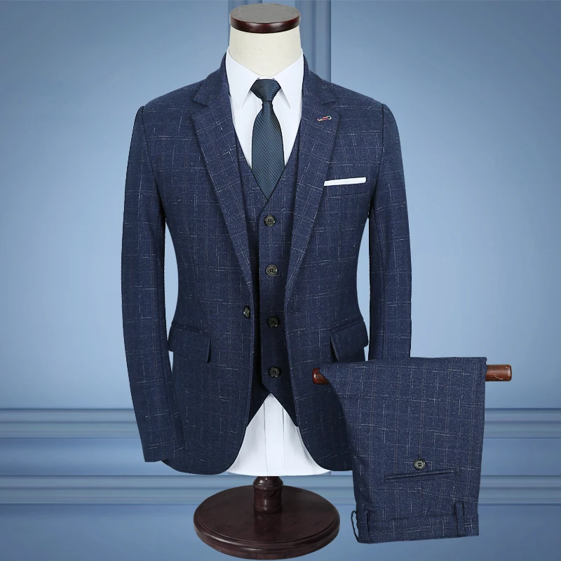 New Stripe Men Suits Wedding Slim Fit Suit Business Groom Formal Male Tuxedo Blazers Blue/Black Jacket+Pants+Vest | Мужская одежда