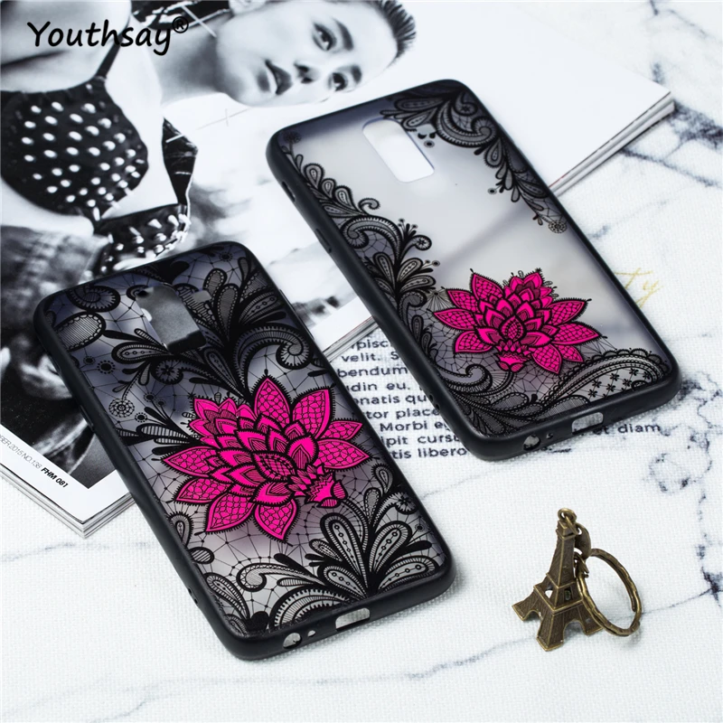 For Samsung Galaxy J8 Case Black Lace Rose Flower Relief Phone 2018 EU Cover Fundas |