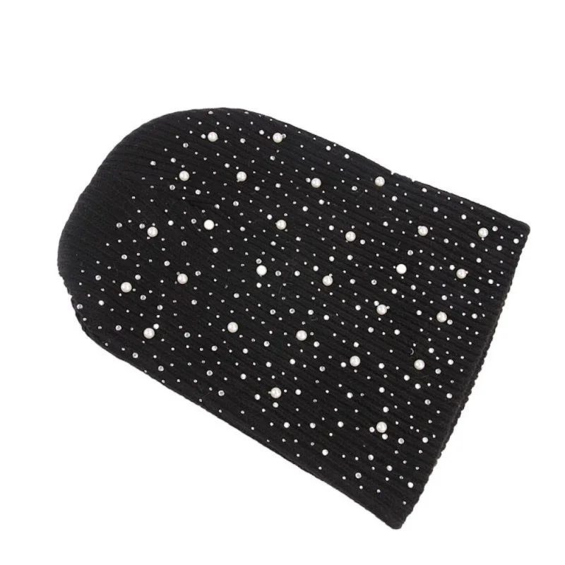 

New Women's Girard Diamond Pearl Hooded Hat Knitted Woolen Winter Hat Sports Autumn Cap Beanie Czapka Zimowa Pompom