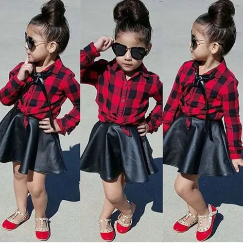 

Boutique Toddler Kids Girl Plaid Tops Shirt Leather Skirt Dress Outfits Lovely Set Fashion Cute Comfortable High Quality Sets