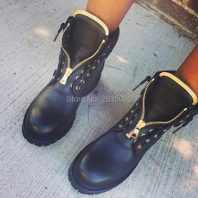 

Plus Size 35-45 Leather Velvet Ankle Boot Metal Grommets Zip Women Motorcycle Booties High Top Winter Shoes Flat Fur Snow Boots